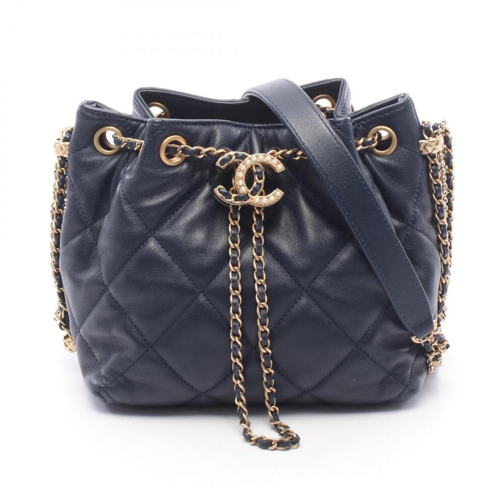 Chanel Matelasse Bucket Shoulder Bag Lambskin Sheepskin Leather Navy Blue